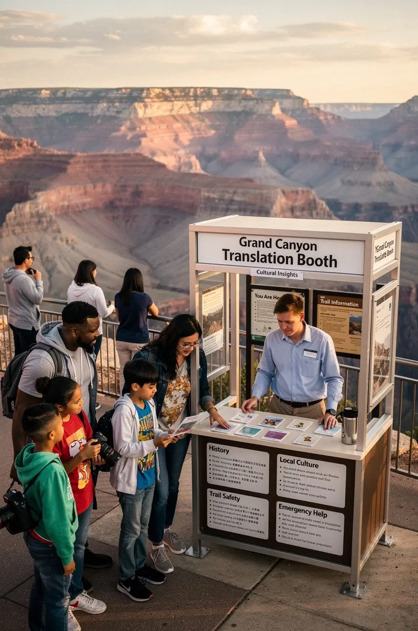 Специалист объясняет правила поведения и обычаи США на мультиязычной презентации